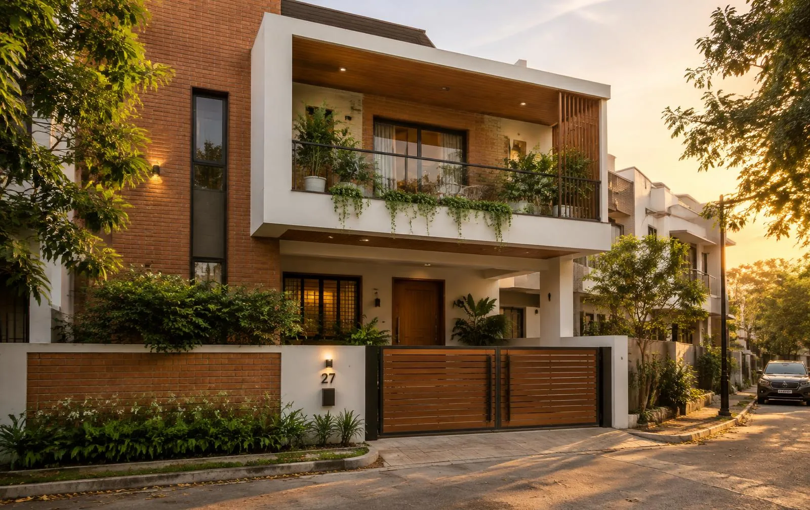 Two-storey Bangalore home with brickwork and planted balconies