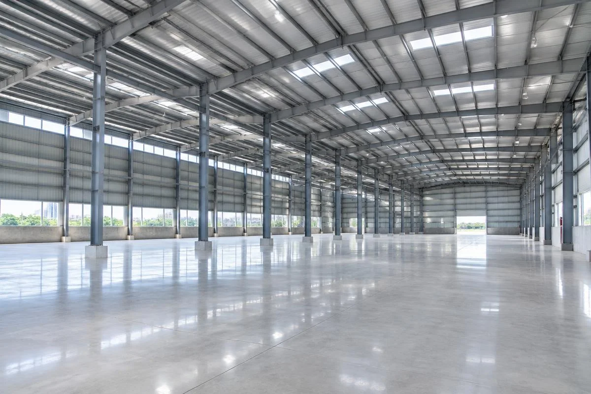 steel industrial shed with finished VDF concrete flooring