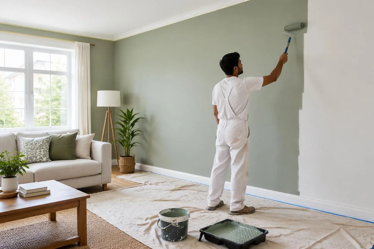wall painting with protected floors and carefully masked edges